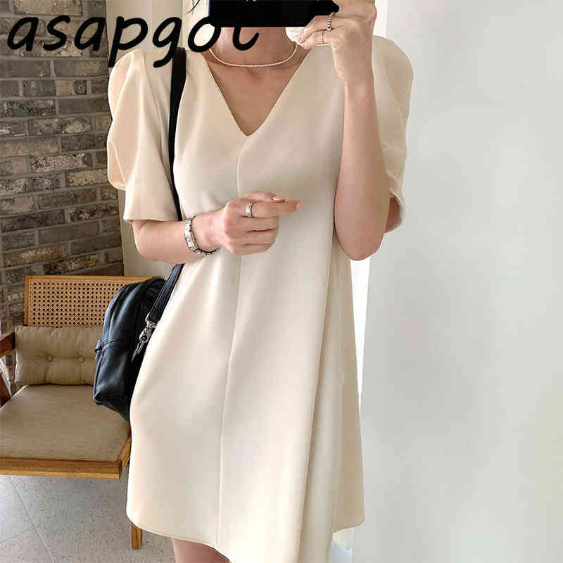Dresses Women's Clothing Chic Korean V Neck Puff Short Sleeve Minimalism Temperament Loose Dress Women Mini Solid Retro Summer 210429