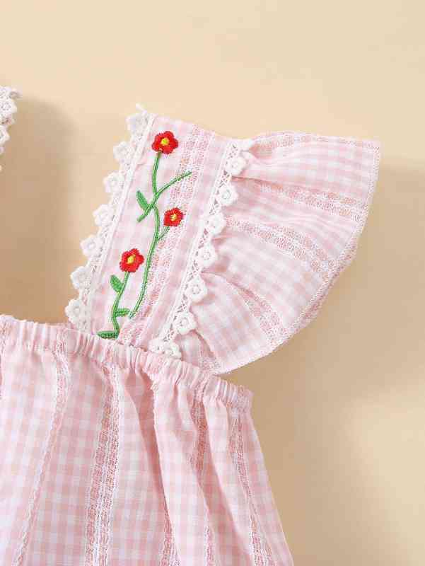 Baby Gingham Print Floral Embroidery Ruffle Trim Bodysuit SHE