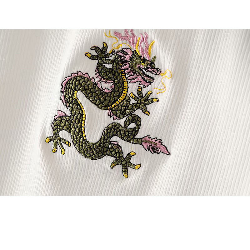 Fashionable Navel Sexy Black Panlong Chic Women's Top Round Neck Embroidered Skinny Ribbed Sleeveless Female T-shirt 210507