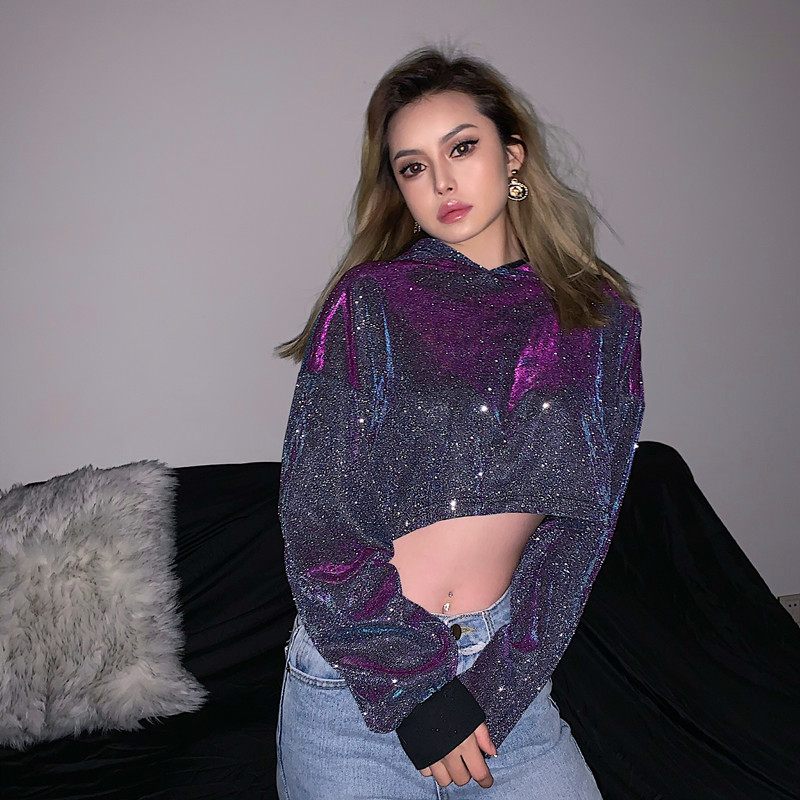 Wonder Lurex Crop Hoodies Sweatshirts Long Sleeve Top Sequined Harajuku Oversized Streetwear Short 210510