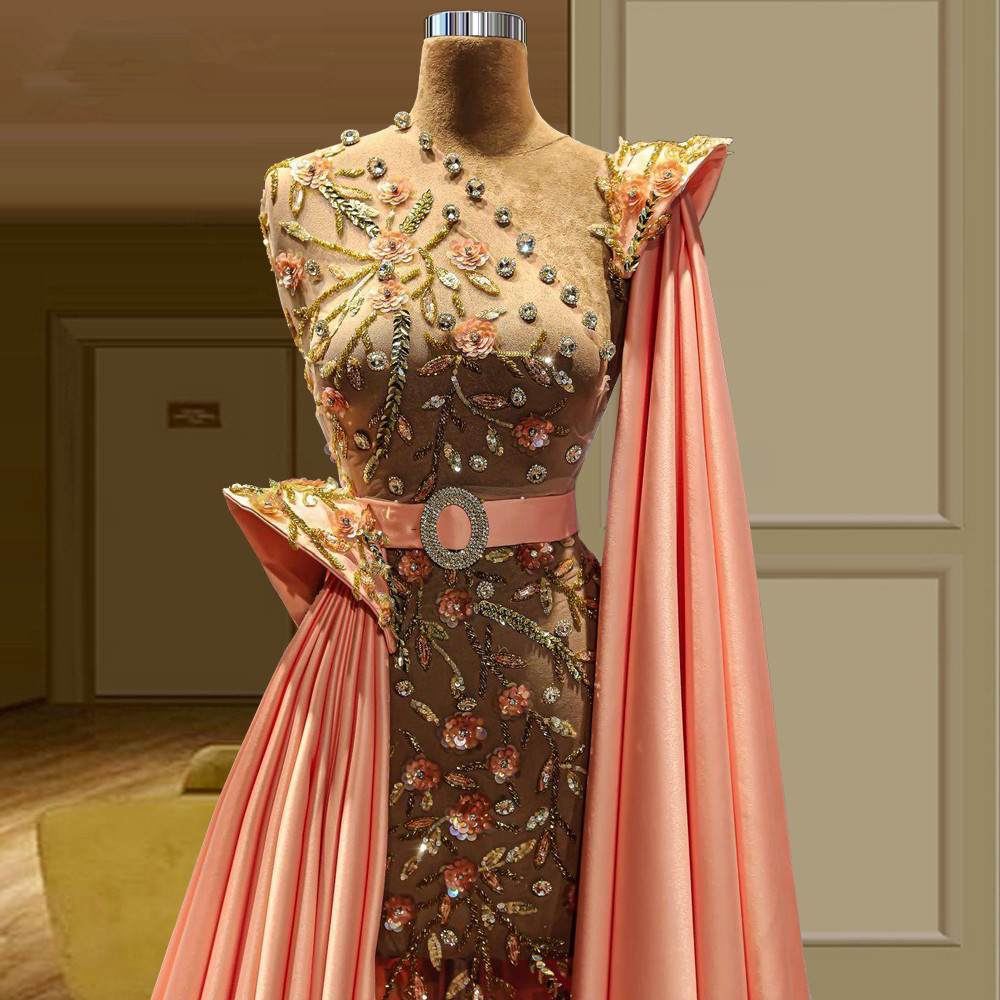 Luxury Blush Pink Evening Dress Arabic Dubai Women Prom Wear Long Crystals Celebrity Gowns Robe De Soiree