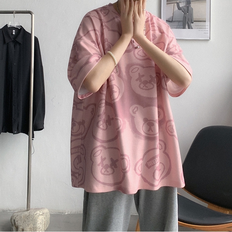 ZAZOMDE bear Top Short Sleeve Tshirt Harajuku Summer men T-Shirt Teddy Bear Letter Loose White Clothing Oversized M8XL 210707