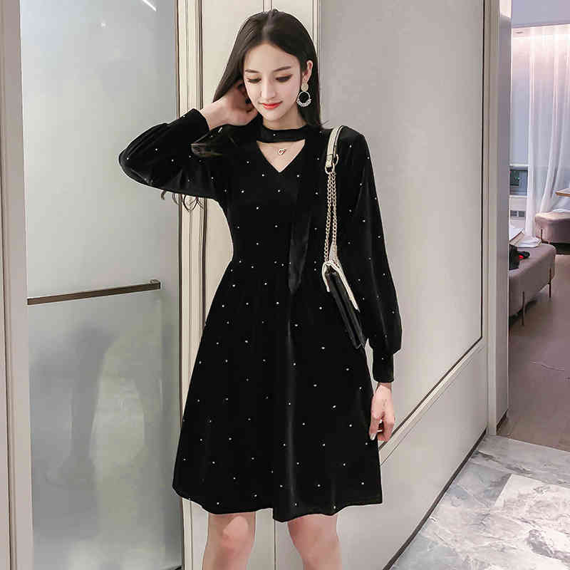 Autumn Velvet Spring Girls Female Vintage Dress Long Sleeve Oversize Women Dresses Black sexy Boho Robe Vestido 210417Z