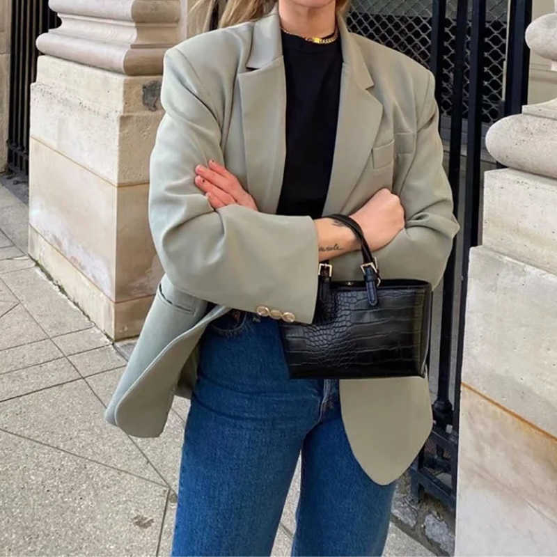 XITIMEAO Women Fashion Casual Wear Single Breasted Blazers Coat Vintage Long Sleeves Oversize Female Outerwear Chic Tops 210602