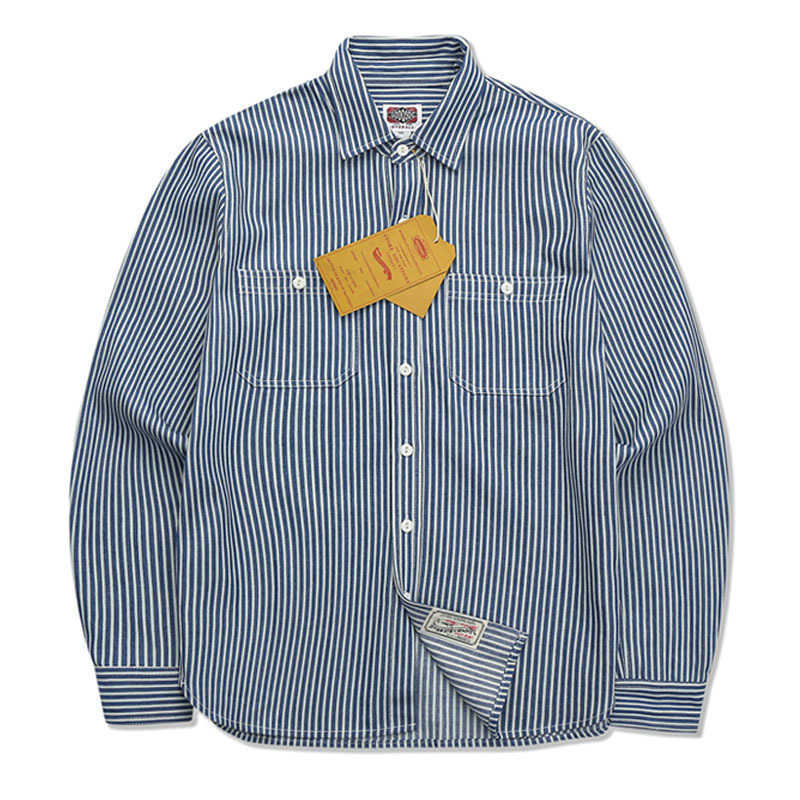 American Style Amekaji Heavyweight Men Classical Striped Shirts Thicken Dense Canvas Cotton Blouse Vintage Cargo Streetwear Male 210721, Blue
American Style Amekaji Heavyweight Men Classical Striped Shirts Thicken Dense Canvas Cotton Blouse Vintage Cargo Streetwear Male 210721, Blue