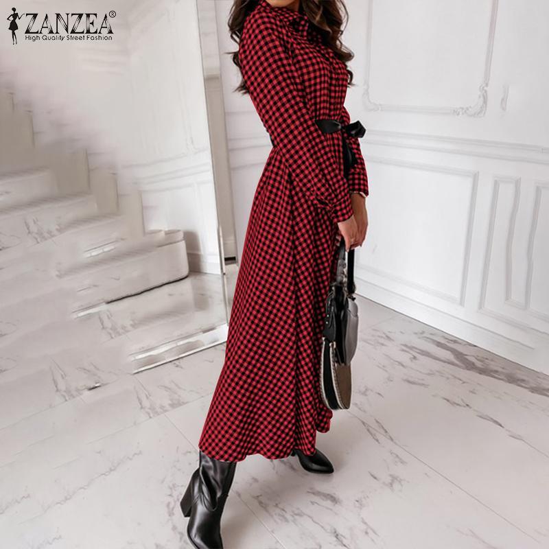 Plaid Print Lapel Robe Holiday Female Belted Dresses Spring Autumn Office Lady Vestido Womens Vintage Maxi Dress Oversize Casual