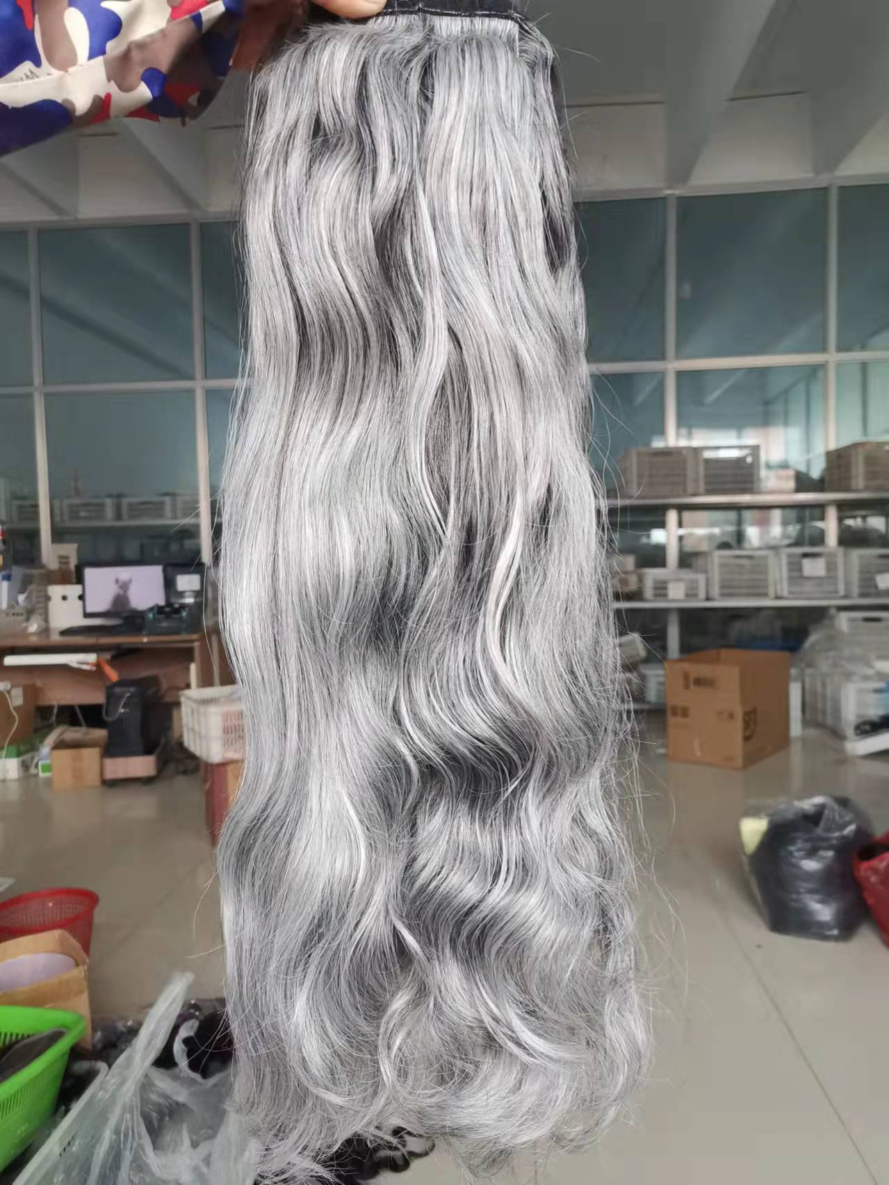 Long sleek salt and pepper natural grey straight ponytail in 26 inches black mixed naturally highlights gray hair ponytail extension wraps pony tail h