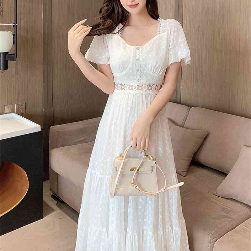 Elegant Fashion Women Dresses French Summer Sweet Lace Splicing Chiffon Embroidery Slim Waist Casual Long Dress Female 210519