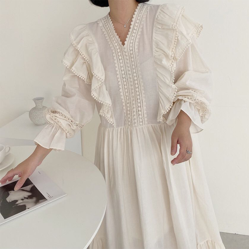 Nomikuma Korean V-neck Double Ruffle Dresses Lace Hollow-out Flare Long Sleeve Vestidos Spring New Causal Women Dress 6E128 210427