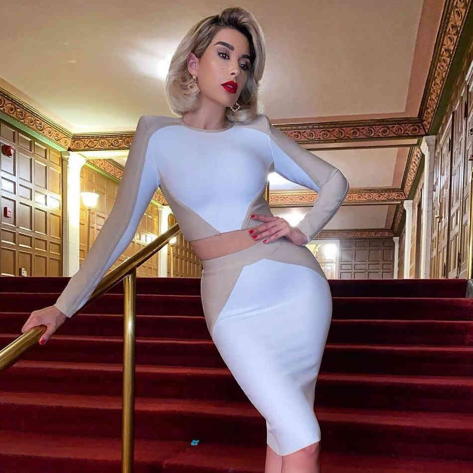 Winter Women White Bandage 2 Two Pieces Sets Long Sleeve O Neck Tops& Skirts Patchwork Celebrity Runway Party Set 210423