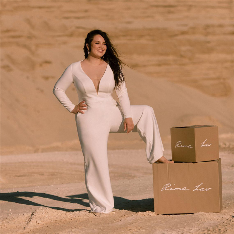 Boho Beach Jumpsuits Wedding Dresses 2021 Long Sleeve Pockets Crepe Bride Reception Jumpsuit Bridal Pantsuits Robe De Mariee