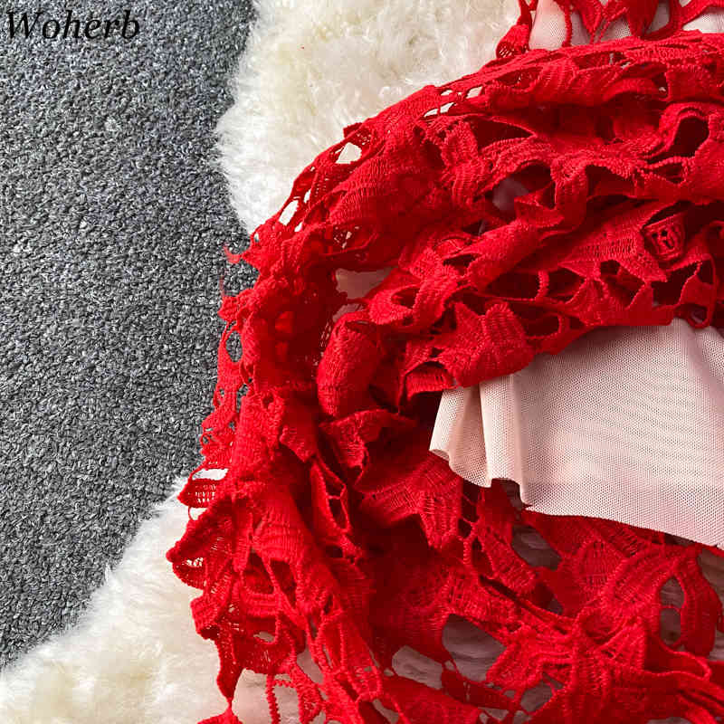 V Neck Woman Dress Solid Sexy Lace Hollow Out Summer Party Night Clue Vestidos Korean Fashion Ins Vintage Dresses 210422