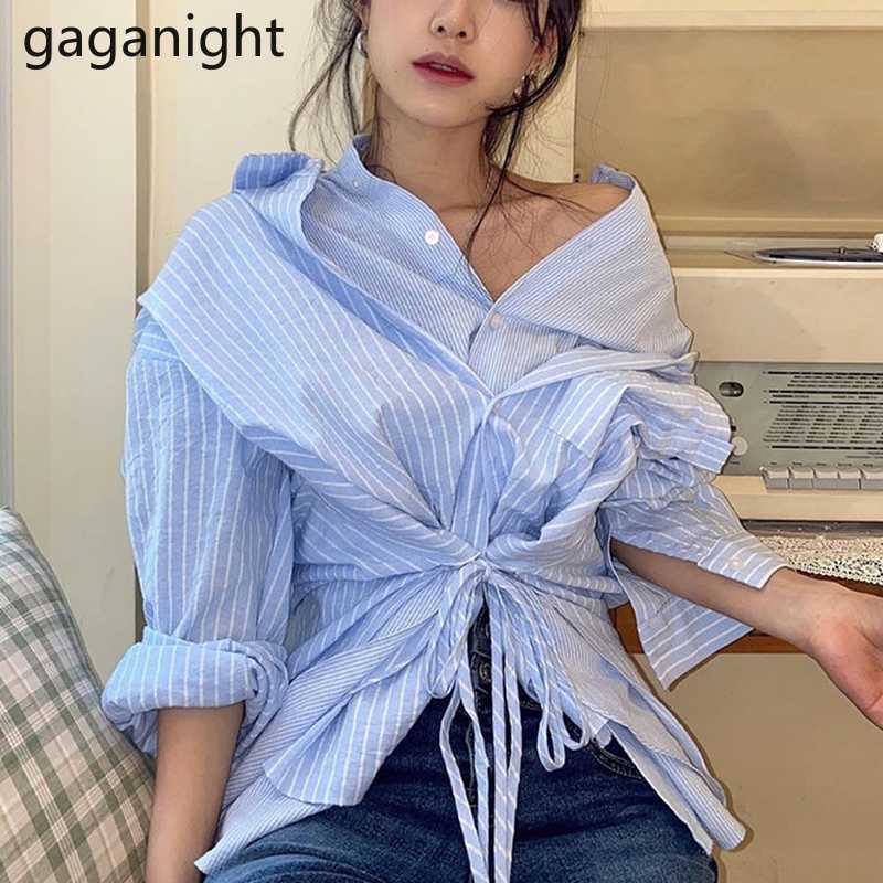 Spring Solid Blue Striped Shirt Casual Women Button Irregular Lace Up Long Sleeve Blouse Tops Female Lapel Blusas 210601
