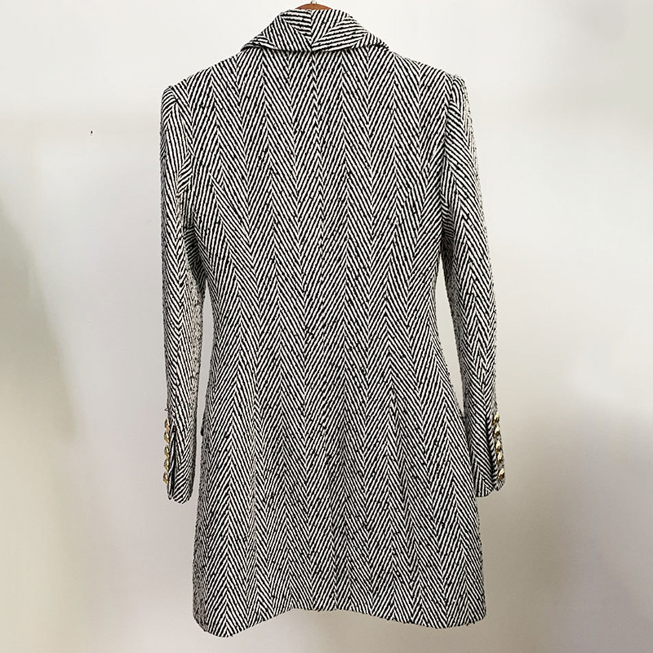 Free Winter Elegant Women's Mid-length Woolen Coat Double-breasted Green Fruit Collar Striped 210524