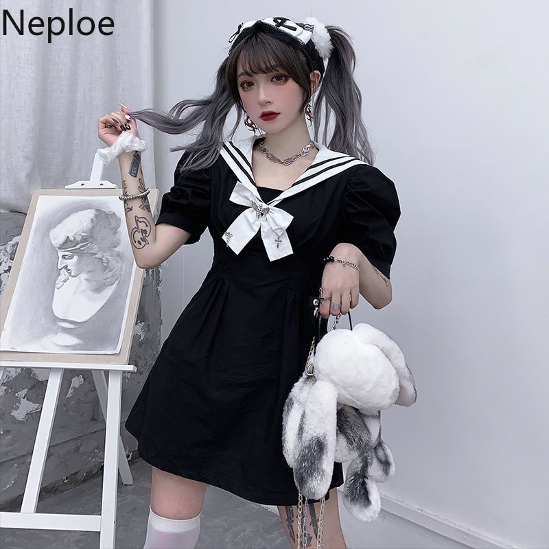 Neploe Dress for Women Summer New Robe Preppy Style Sailor Collar Slim Waist Vestidos Puff Sleeve Black Dresses Female 210422