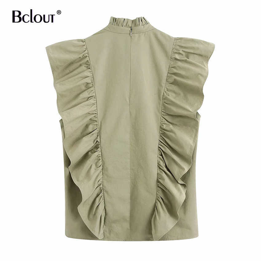 Summer Sleeveless Green Shirt Women Fashion Office Blouses Woman Ruffled Button Down Shirts Top Female Casual Ladies Tops T200720