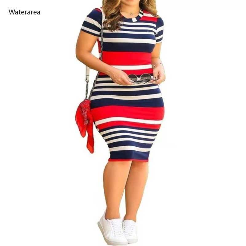 Summer Women O-Neck Short Sleeve Leaf Striped Print Bodycon Knee Length Dress Sexy Partynight Club DressTB5042 210630