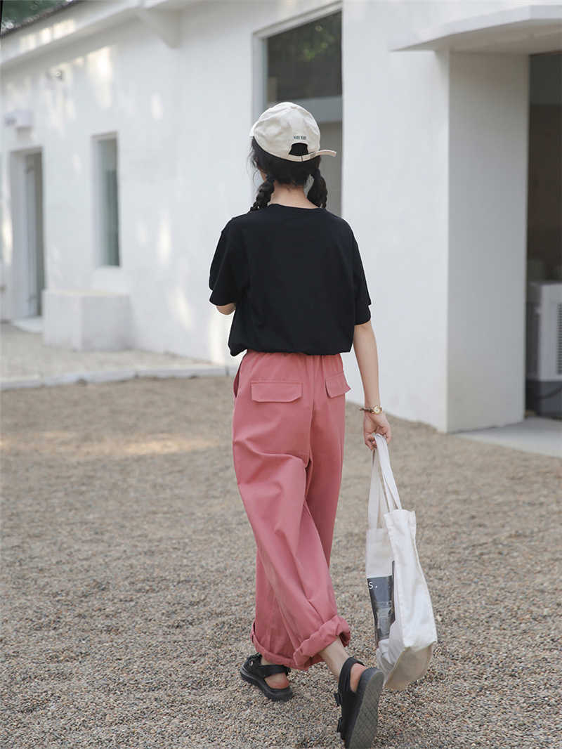Qooth Wide-Leg Straight Solid Casual Pant's Summer All-Match Fashion Multi-color Office Lady Trendy QT685 210609