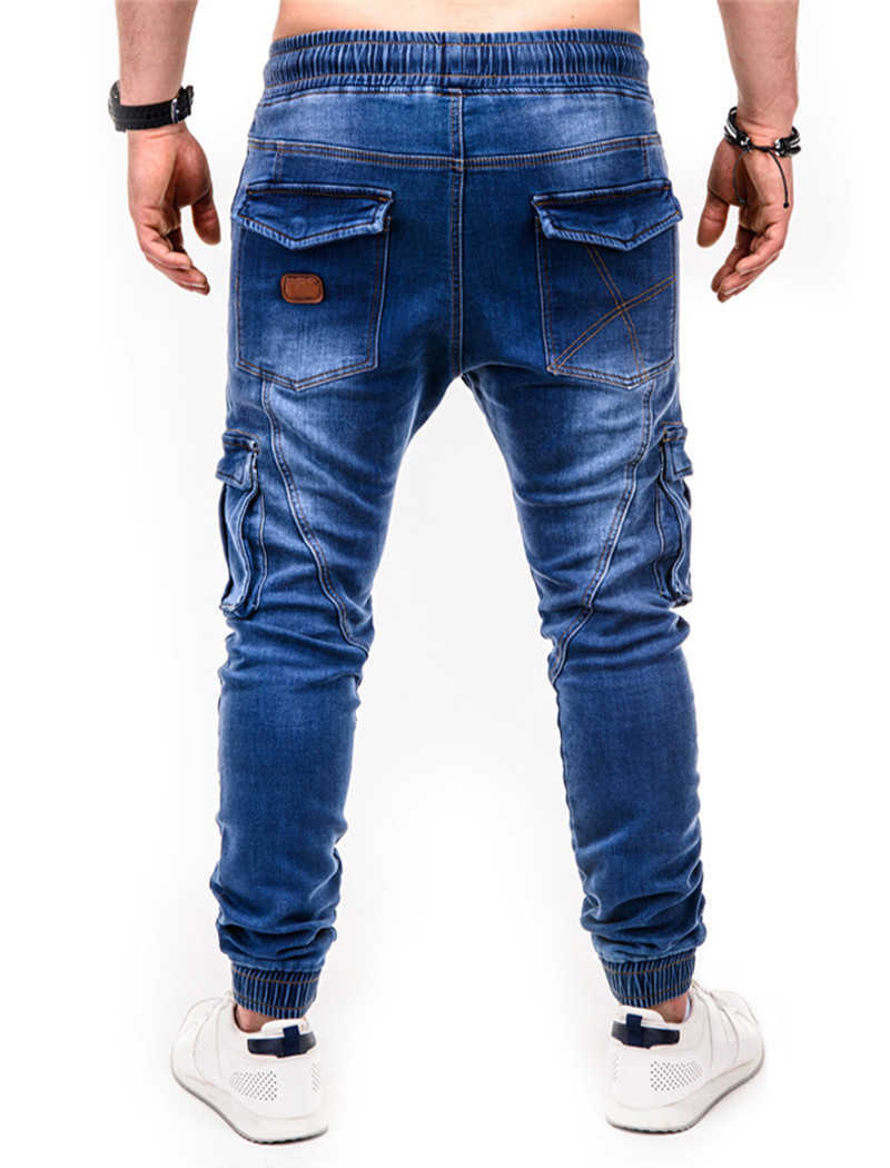 Blue Vintage Man Jeans Business Casual Classic Style Denim Male Cargo Pants More Pockets Frenum Ankle Banded Casual Pants S-3XL 211011