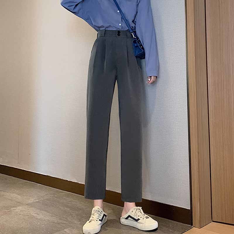 Spring Autumn Thin Solid Black Trouser Korean OL Women Suit Pants Button Plus Size Professional Straight Loose 12110 210508