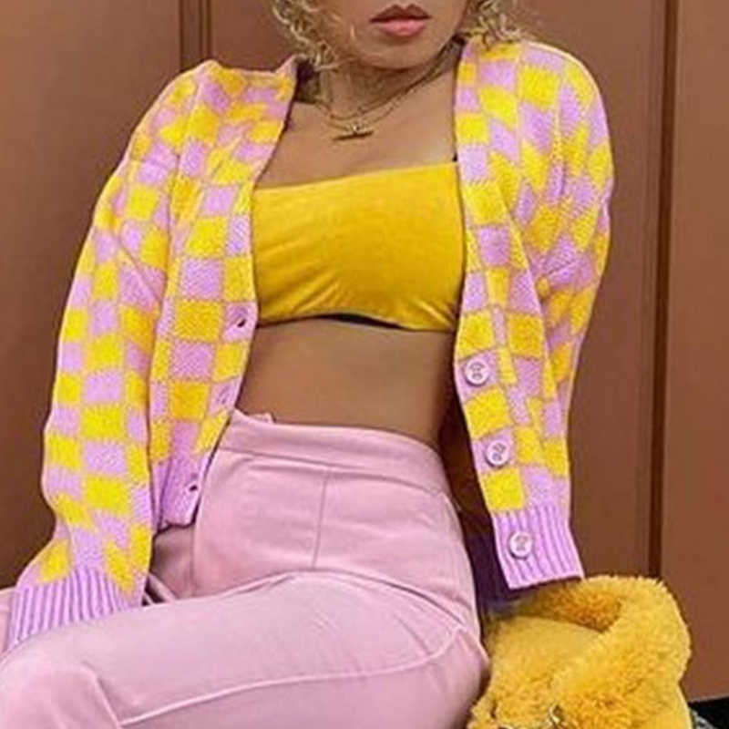 Women's Sweater Cardigan Knitted V-neck Argyle Long Sleeve Single Breasted Short Sweaters Female Autumn Winter Sweet Cardigans 211018