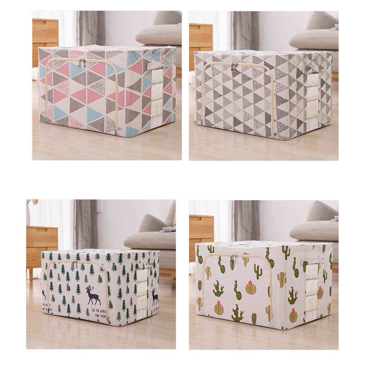 Bedspread Clothes Storage Box, Large Capacity Organizer, Cotton Linen Closet, Foldable Steel Frame, Sweater with Clear Window