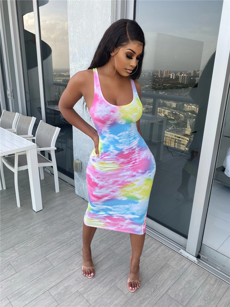 Women tie dyed Dresses Sleeveless Midi SKirts Bodycon dress Summer Clothing Plus size S-2XL colorful long skirt skinny packaged hip skirtss 4787