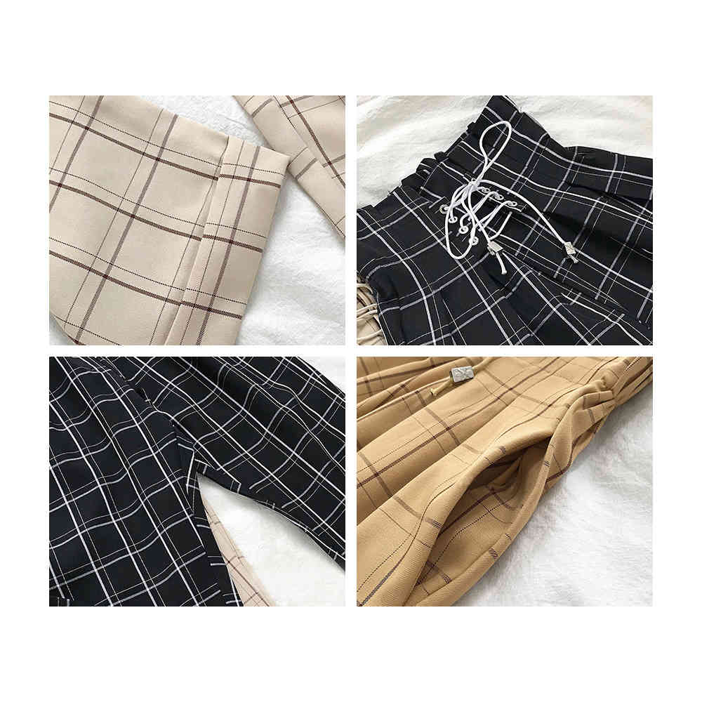 Japanese Harajuku Casual Pants Women Fashion Lace Up High Waist Ankle Length Loose Plaid Harem 210428