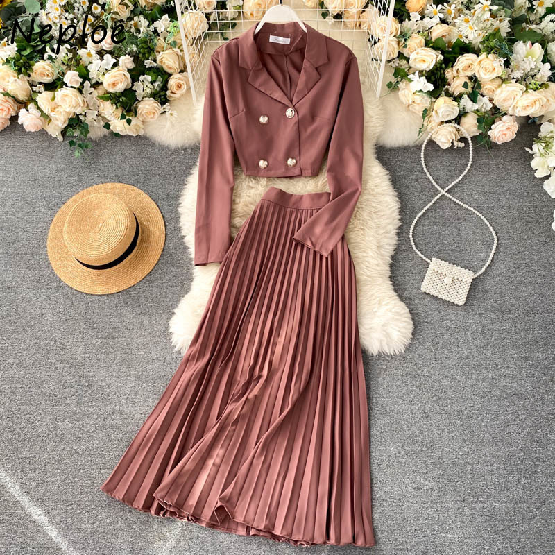 Neploe Temperament Knit 2 Pcs Women Set Turn Down Collar Long Sleeve Short Cardigans + High Waist Hip A Line Pleat Skirt Suit 210422