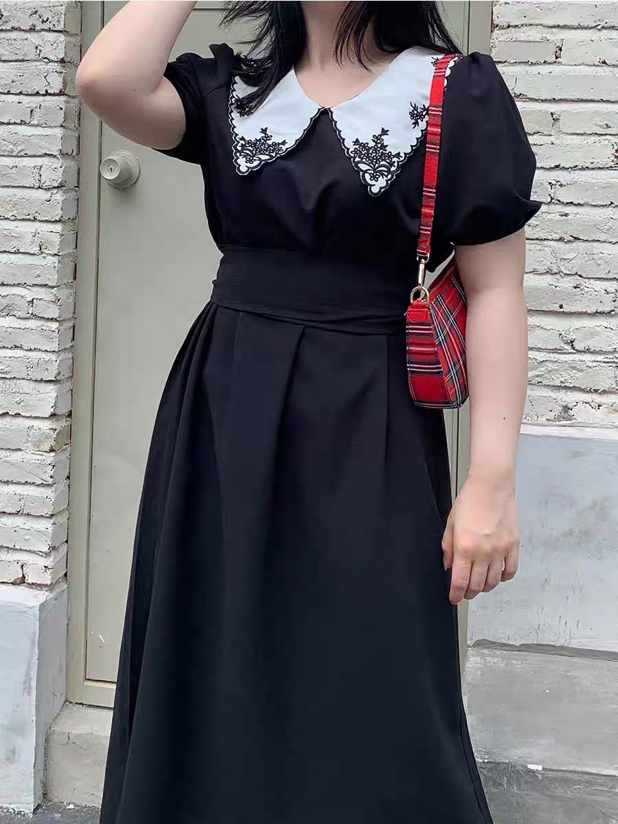 vintage plus size 4XL peter pan collar high waist puff sleeve dress women summer embroidery floral A-line big 210421