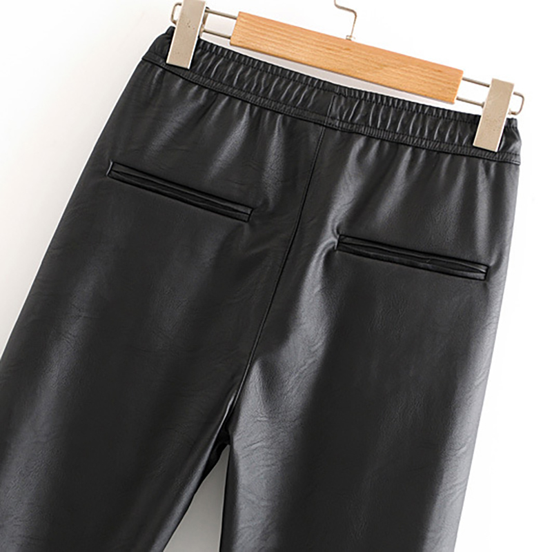 Women Black Chic PU Leather Pants Elastic Waist Long Length Elegant Bottoms Drawstring Tie Pockets Basic Female Trousers XS-XL 210515
