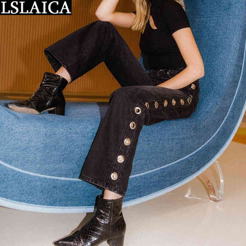 Jeans Casual Solid Color Pocket Women's Fashion Personality Street Metal Buckle Hollow High-waisted Straight Denim Trousers 210515