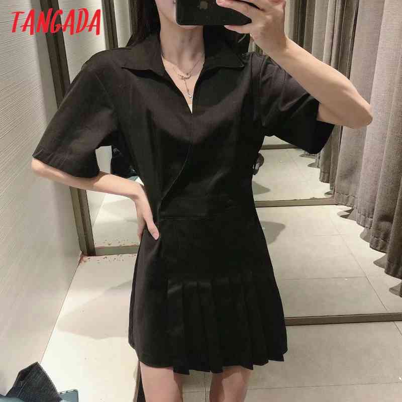 Summer Women Black Blazer Short Sleeve Ladies Pleated Mini Dress Vestidos 3H58 210416