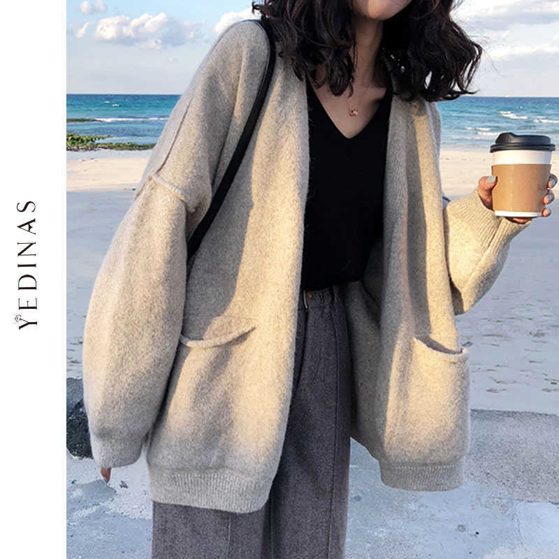 Yedianas Open Stitch Cardigan Women Coat Woman Autumn Winter Korean Cashmere Knit Sweater Oversized Ladies 210527