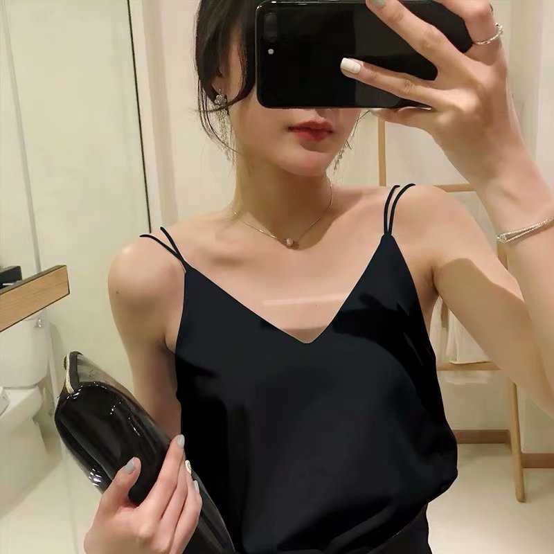 Korean Chiffon Tops Women V-neck Backless Tank Sexy Vest Black Crop Plus Size Woman Sleeveless Halter Camis 210531