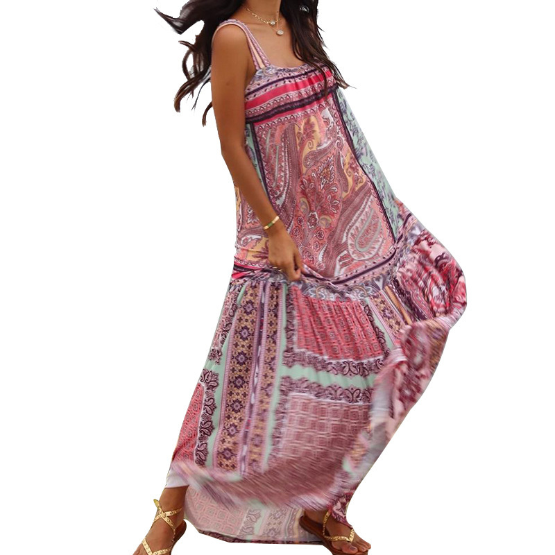 Women Dress Sleeveless Spaghetti Strap Print Bohemia Sexy Long Floral Maxi es Loose Summer es 210513
