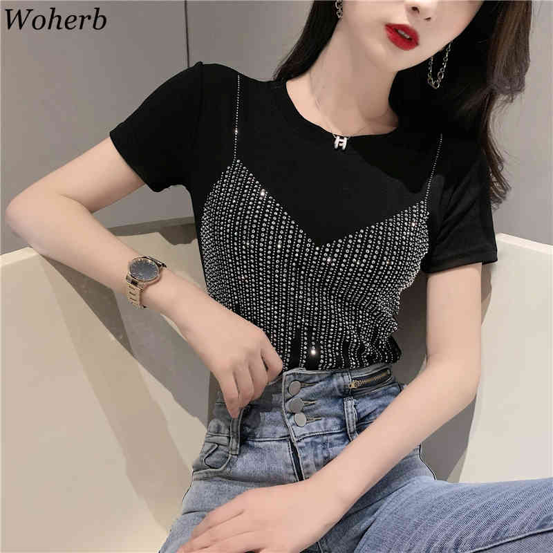 Diamond Short-sleeved T-shirt Summer Fashion Slim Fit O Neck Pullover Tees Shirts Korean Casual Loose Basic Tops 210519