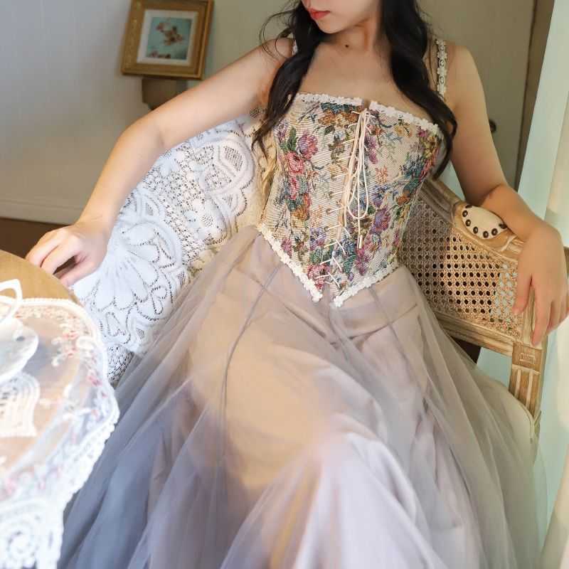 Floral Beach Party Sexy Bustiers Crop Women Backless Bandage French Vintage Halter Top Korean Boho Lace with Corset Summer 210625