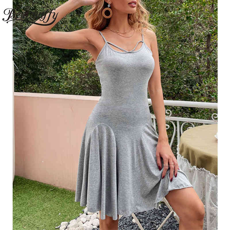 V-neck Sleeveless Grey Cami Dress Women Summer Casual Slim High Waist Female Spaghetti Strap Solid Mini Flared 210510