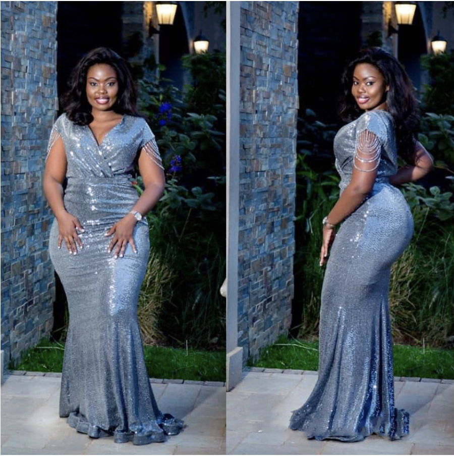 Plus Size African Sequins Evening Dress Mermaid V Neck Short Sleeves Nigeria Prom Dresses Formal Gown