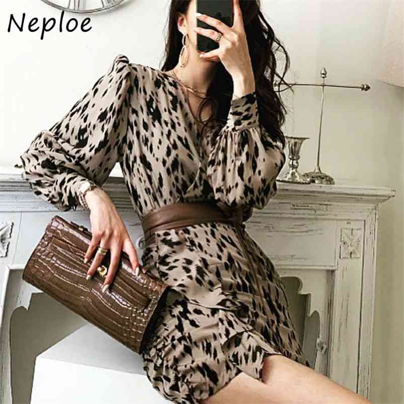 Vintage Leopard Pattern Temperament Ol Dress Women High Waist Hip Bodycon Vestidos French Slim Sashes Robe Spring 210422