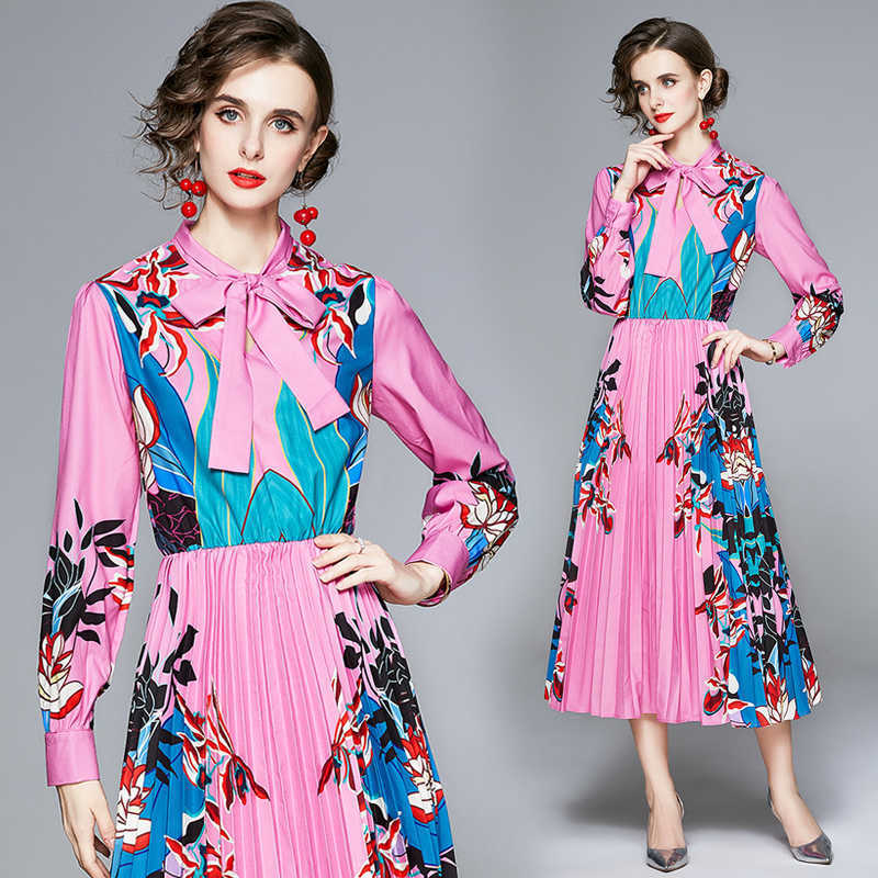 Autumn Women Floral Printed Bow Tie Collar Maxi Shirt Dress Elegant Vintage Female Long Sleeve Pleated Dresses Vestidos 210525