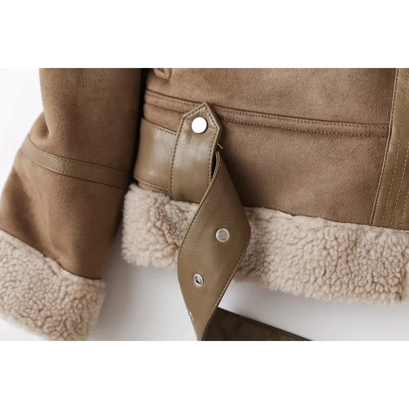 LY Winter Loose Faux Leather Motor Outwear Vintage Coat Sashes Casual Warm Tops Women Suede Lambswool Biker Jackets 210526