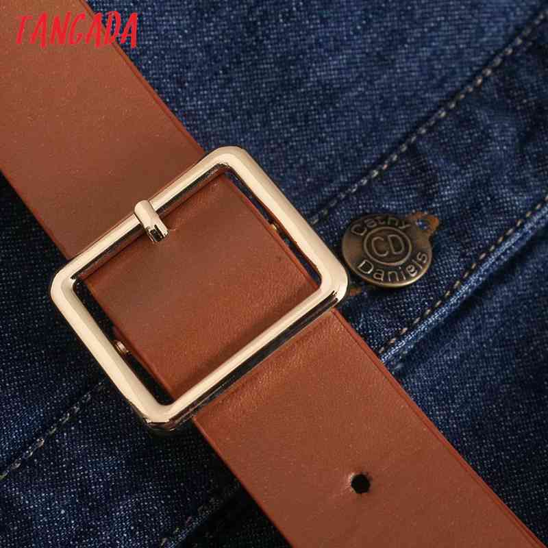 Fashion Women Blue Denim Shirt with Belt Long Sleeve Office Ladies Midi Dress 4M08 210416