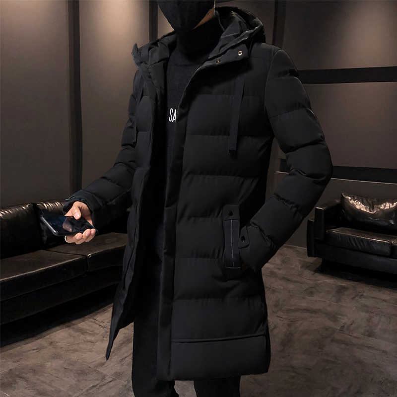 Men Jacket Casual Fashion Mid-Length Trendy Jacket Warm and Windproof High-Value Motorcycle Hooded Cotton-Padded Jacket 211014