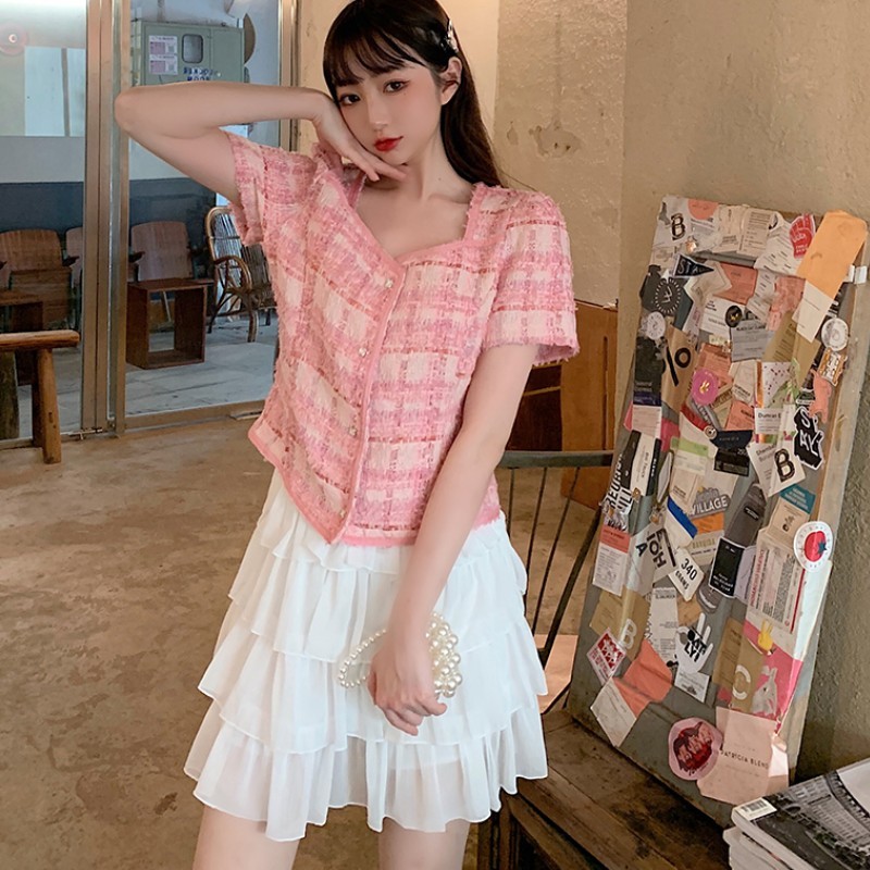 Sweet Fashion Two Piece Set Women's Pink Plaid Tweed Short Sleeve Chic Tops + Ruffles Chiffon Mini Skirts Outfits Female 210519