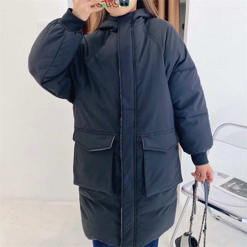 Fashion Straight Slim Big Pocket Hooded Winter Thicken Warm Long Bread Cotton Coat Ladies 210521