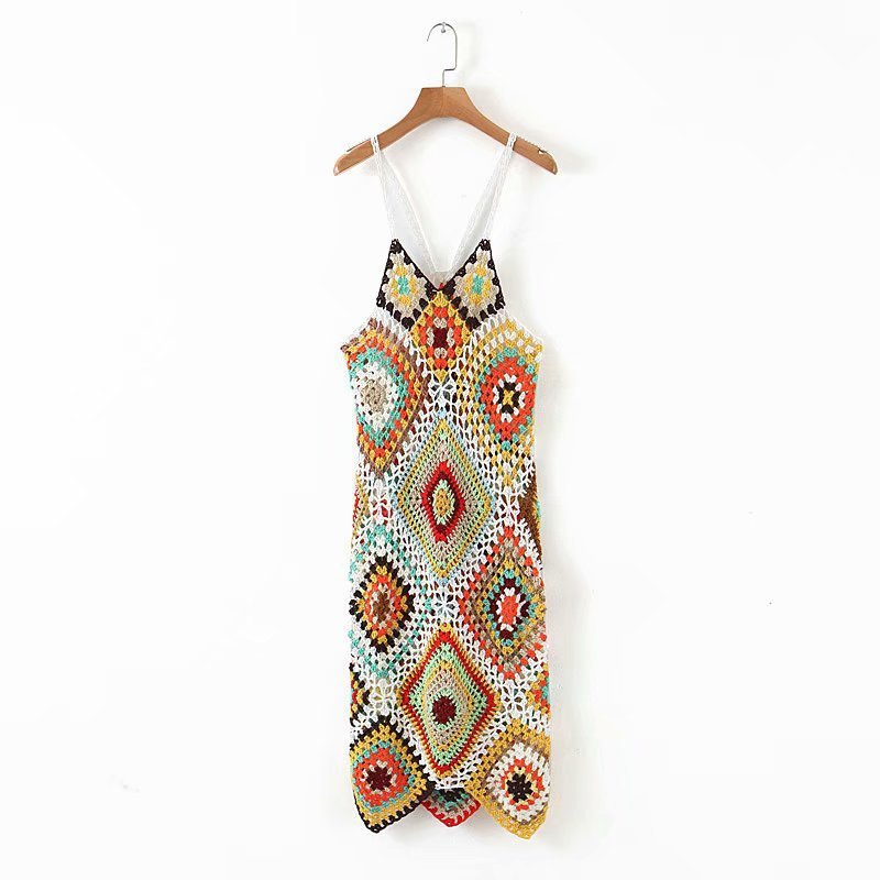 Handmade Crochet Beach Dress Cover Up Sexy Hollow Out Mesh Knitted Tunic Swimsuit Coverup Womens Sarong Robe De Plage A273 210420