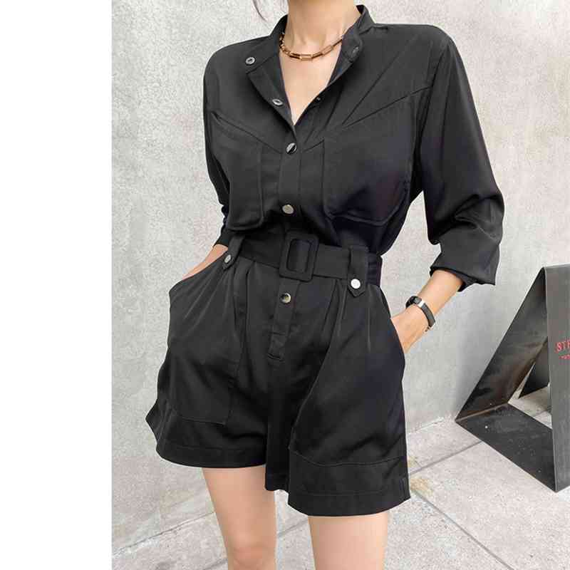 Fashion Elegant Belted Single-breasted Women Short Jumpsuit Stand Collar Long Sleeve Office OL Slim Romper Overalls 210519