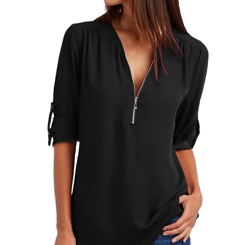Women Blouses Summer Elegant V Neck Roll Up Long Sleeve Zipper Tunic Chiffon Tops Casual Loose Blue Shirt Female S-5XL Plus Size 210522